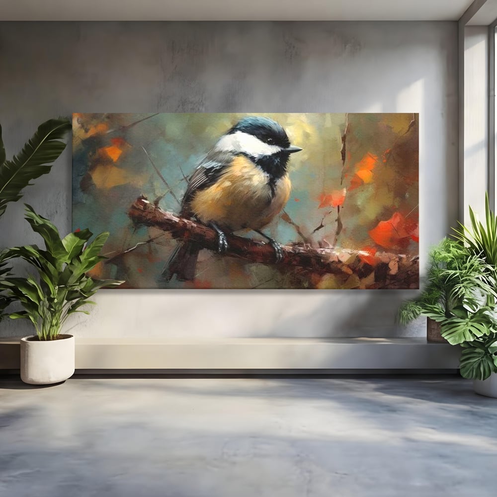 Tablou canvas cu tablou canvas cu pitigoi pe creanga, fara rama, pe sasiu de lemn