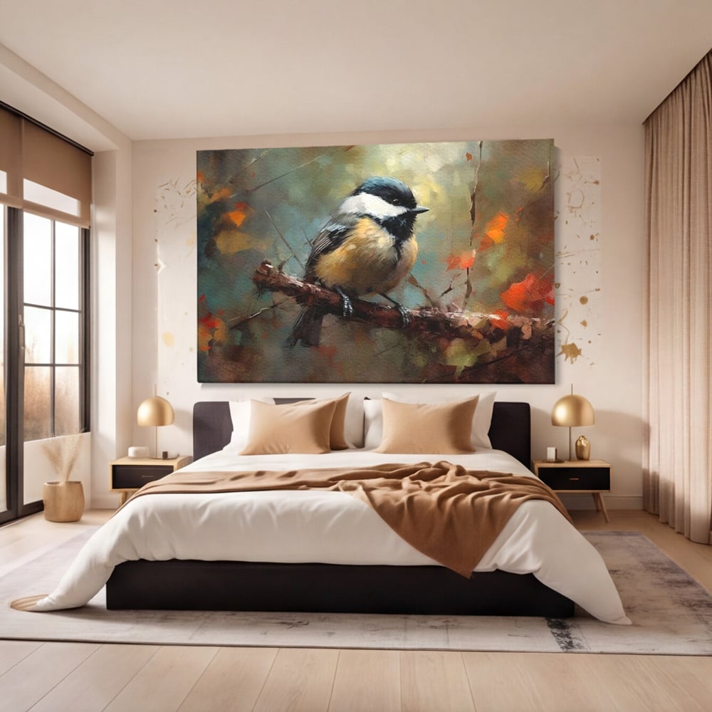 Tablou canvas cu tablou canvas cu pitigoi pe creanga, fara rama, pe sasiu de lemn, pe perete intr-un dormitor