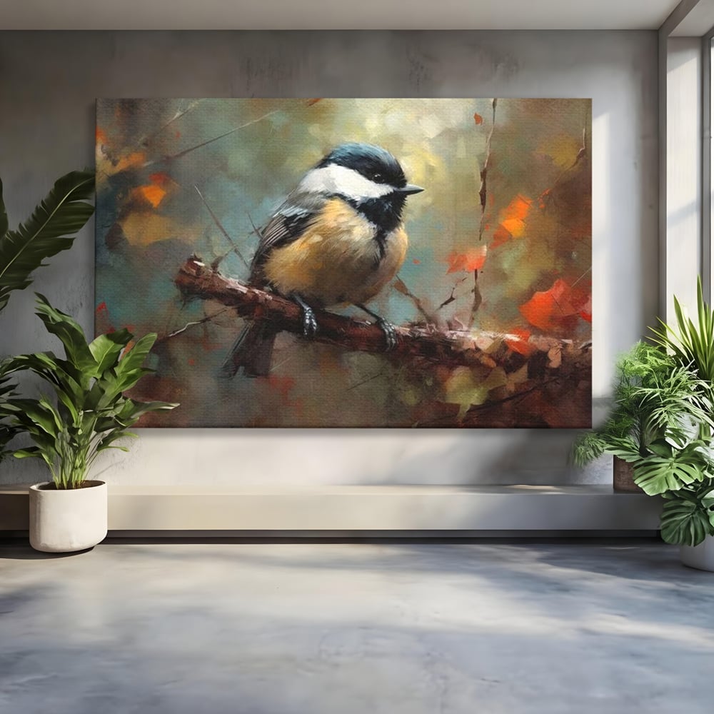 Tablou canvas cu tablou canvas cu pitigoi pe creanga, fara rama, pe sasiu de lemn