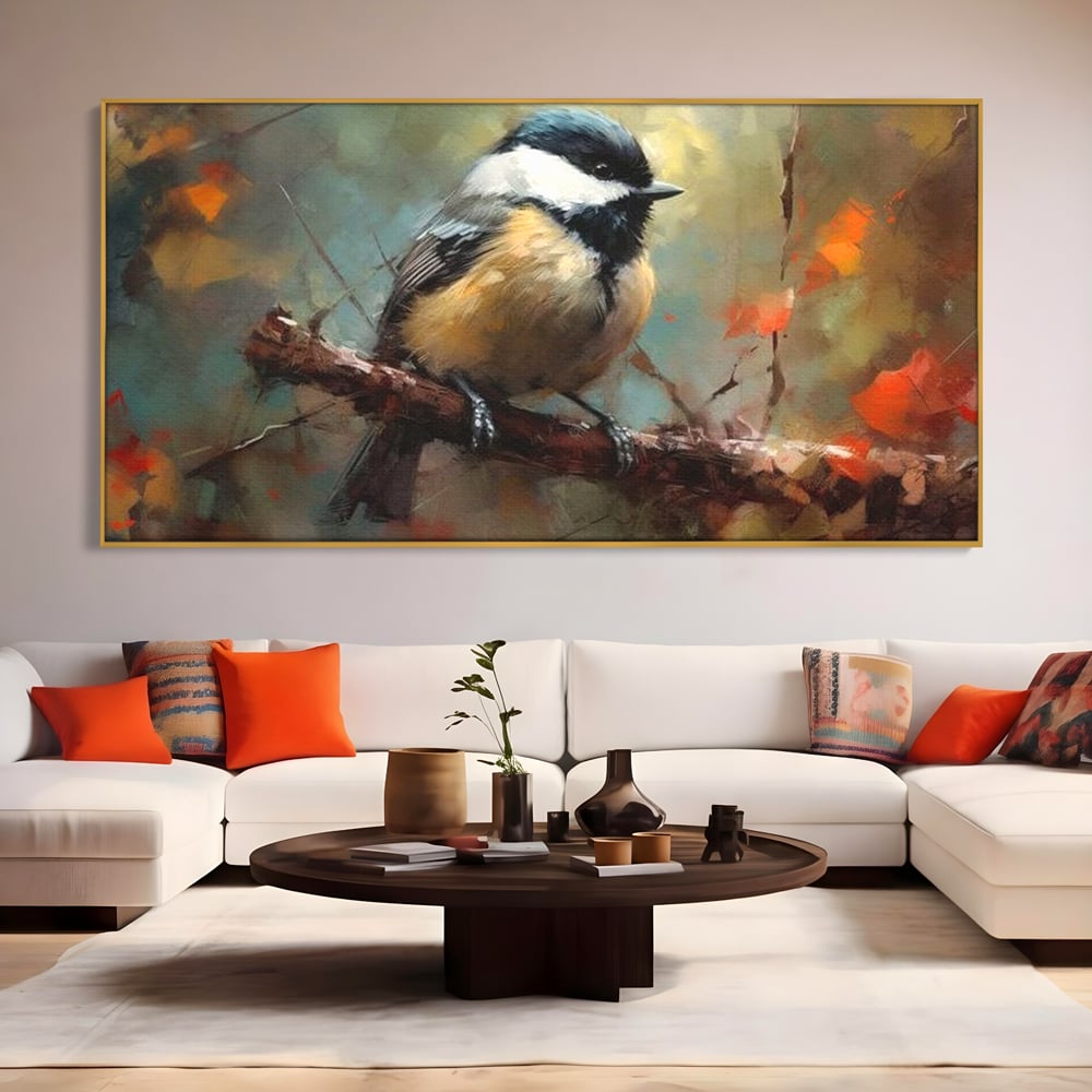 Tablou canvas cu tablou canvas cu pitigoi pe creanga, in rama de aluminiu auriu, pe perete intr-un living