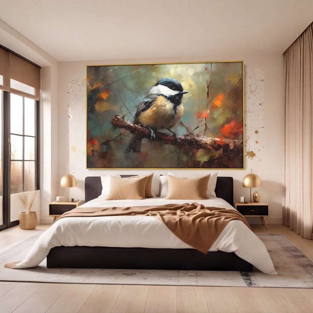 Tablou canvas cu tablou canvas cu pitigoi pe creanga, in rama de aluminiu auriu, pe perete intr-un dormitor