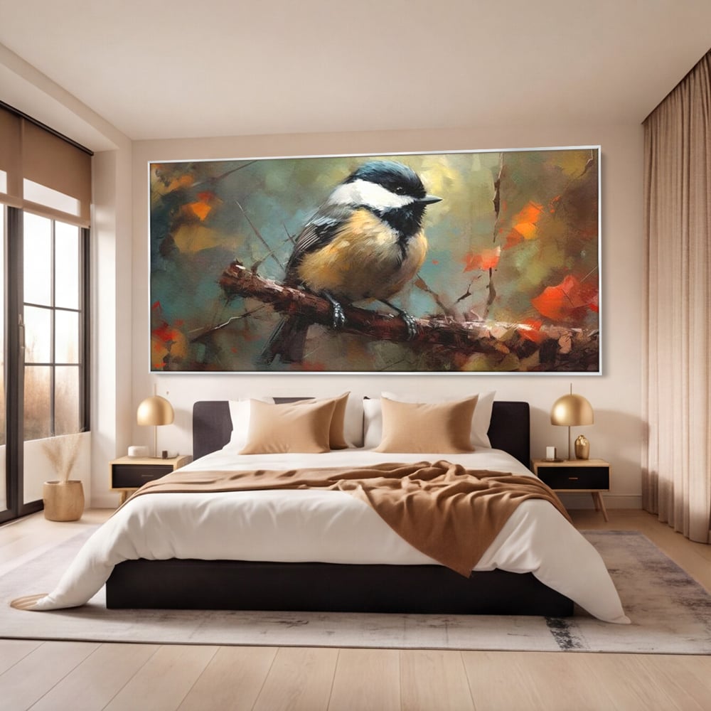 Tablou canvas cu tablou canvas cu pitigoi pe creanga, in rama de aluminiu argintiu, pe perete intr-un dormitor