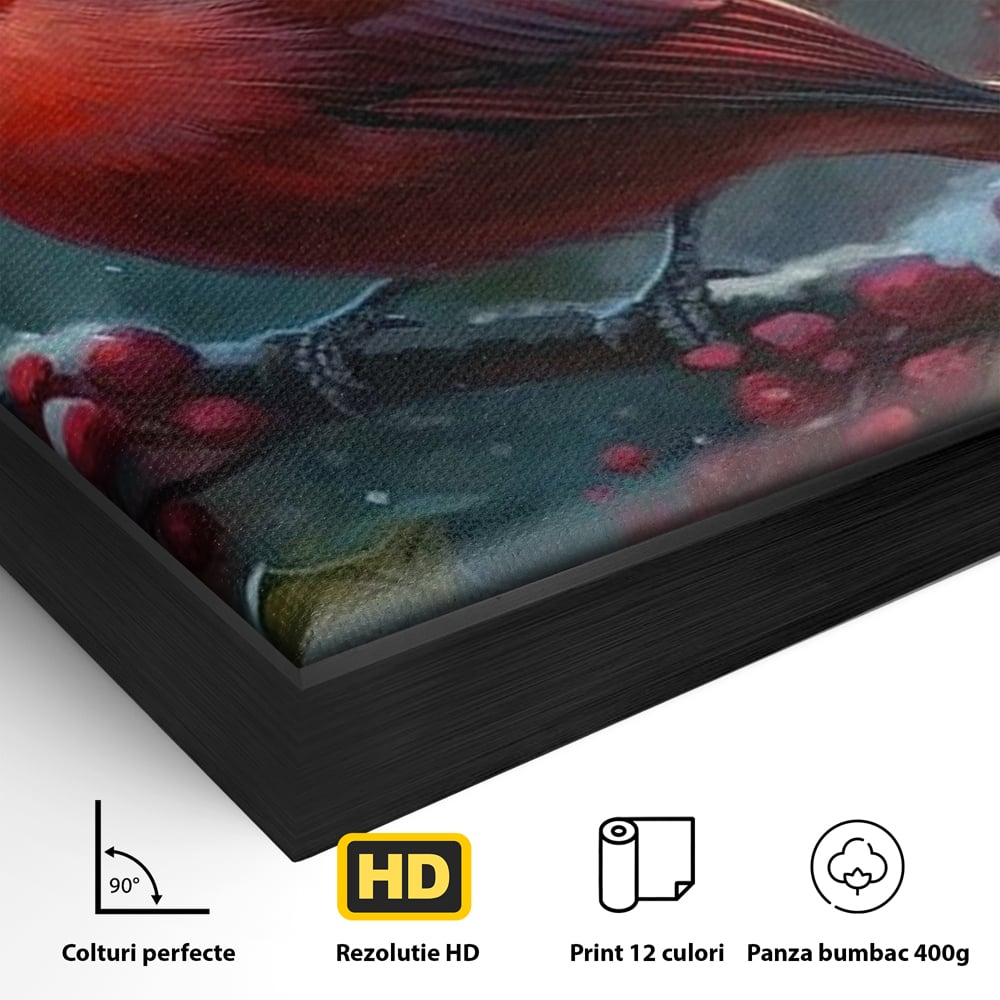 Detaliu al suprafetei: tablou canvas cu pasare cardinal pe ramura inzapezita, in rama de aluminiu negru
