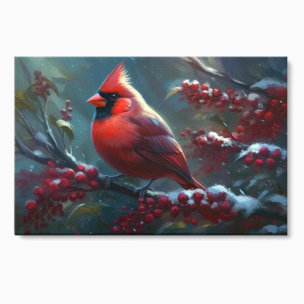 Tablou canvas cu tablou canvas cu pasare cardinal pe ramura inzapezita, fara rama, pe sasiu de lemn