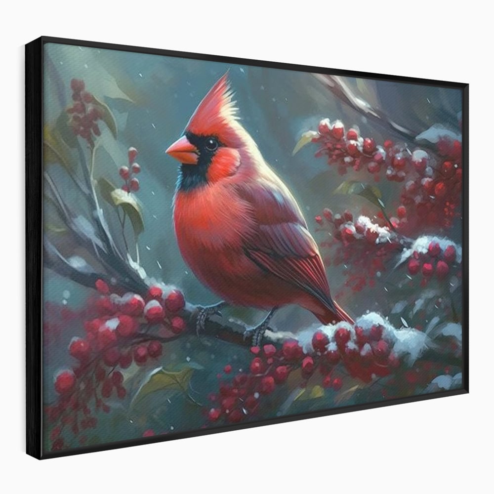 Tablou canvas cu tablou canvas cu pasare cardinal pe ramura inzapezita, in rama de aluminiu negru