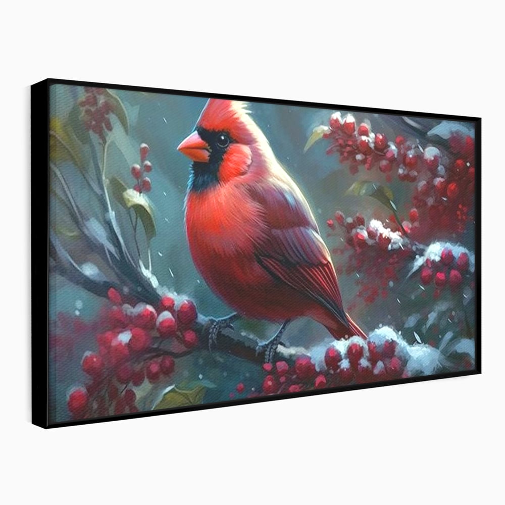 Tablou canvas cu tablou canvas cu pasare cardinal pe ramura inzapezita, in rama de aluminiu negru