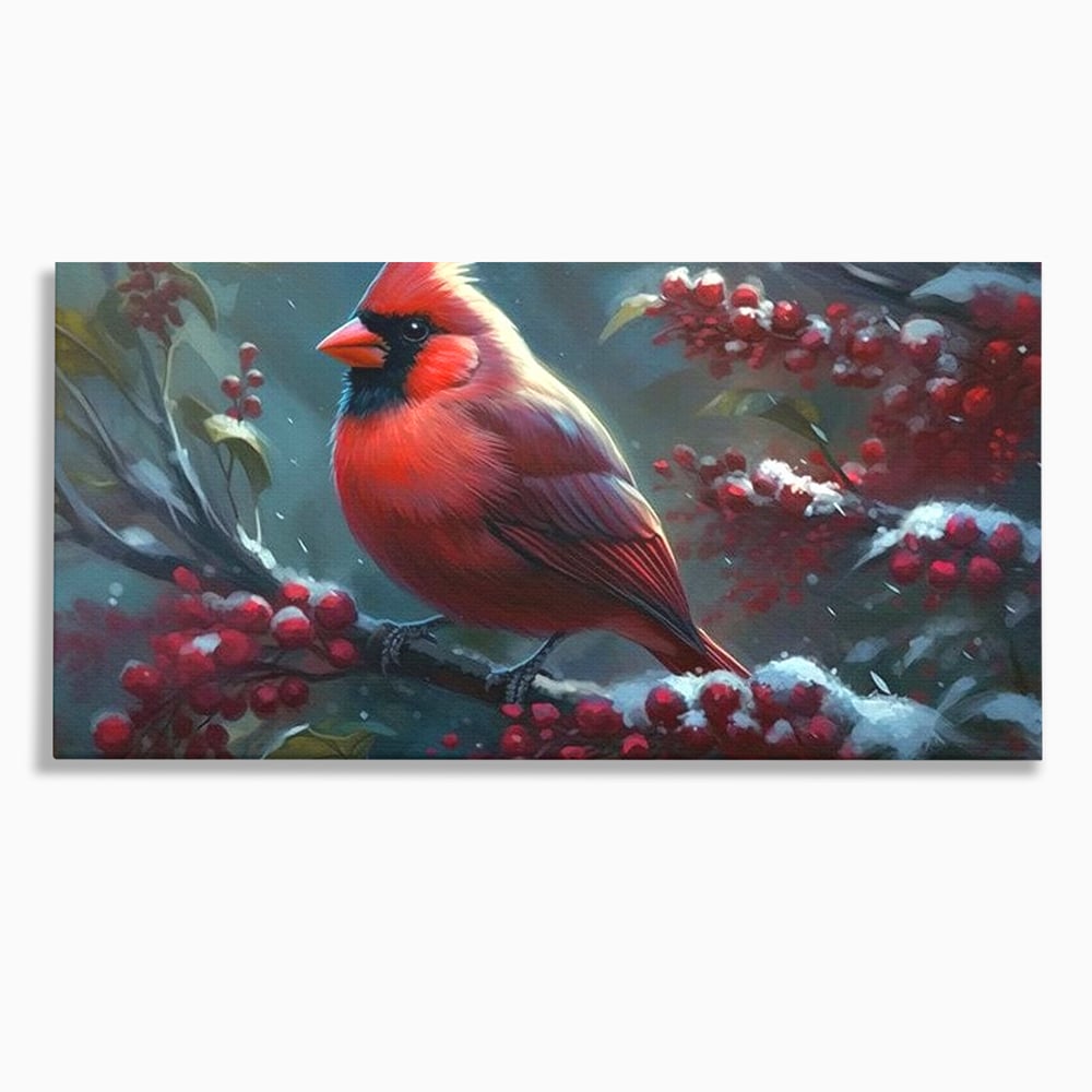 Tablou canvas cu tablou canvas cu pasare cardinal pe ramura inzapezita, fara rama, pe sasiu de lemn