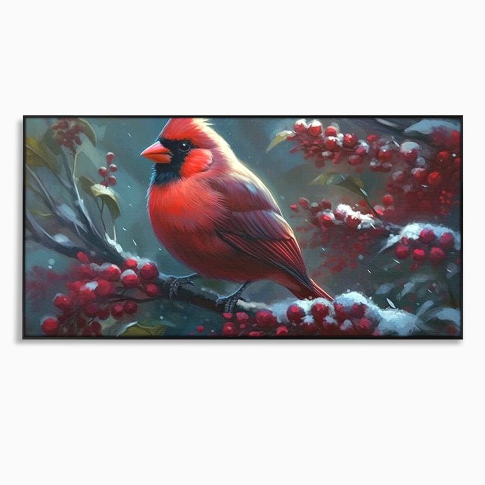Tablou canvas cu tablou canvas cu pasare cardinal pe ramura inzapezita, in rama de aluminiu negru