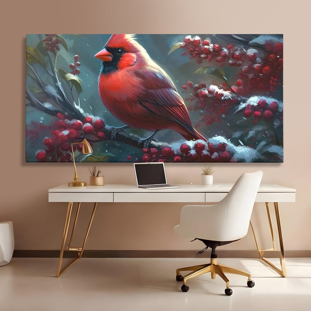 Tablou canvas cu tablou canvas cu pasare cardinal pe ramura inzapezita, fara rama, pe sasiu de lemn, pe perete intr-un birou
