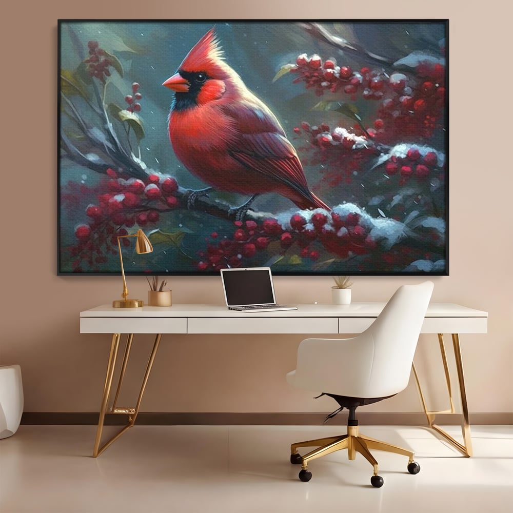 Tablou canvas cu tablou canvas cu pasare cardinal pe ramura inzapezita, in rama de aluminiu negru, pe perete intr-un birou
