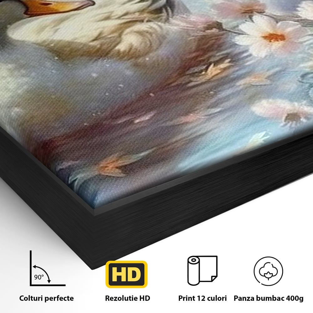 Detaliu al suprafetei: tablou canvas cu rate pe lac, in rama de aluminiu negru