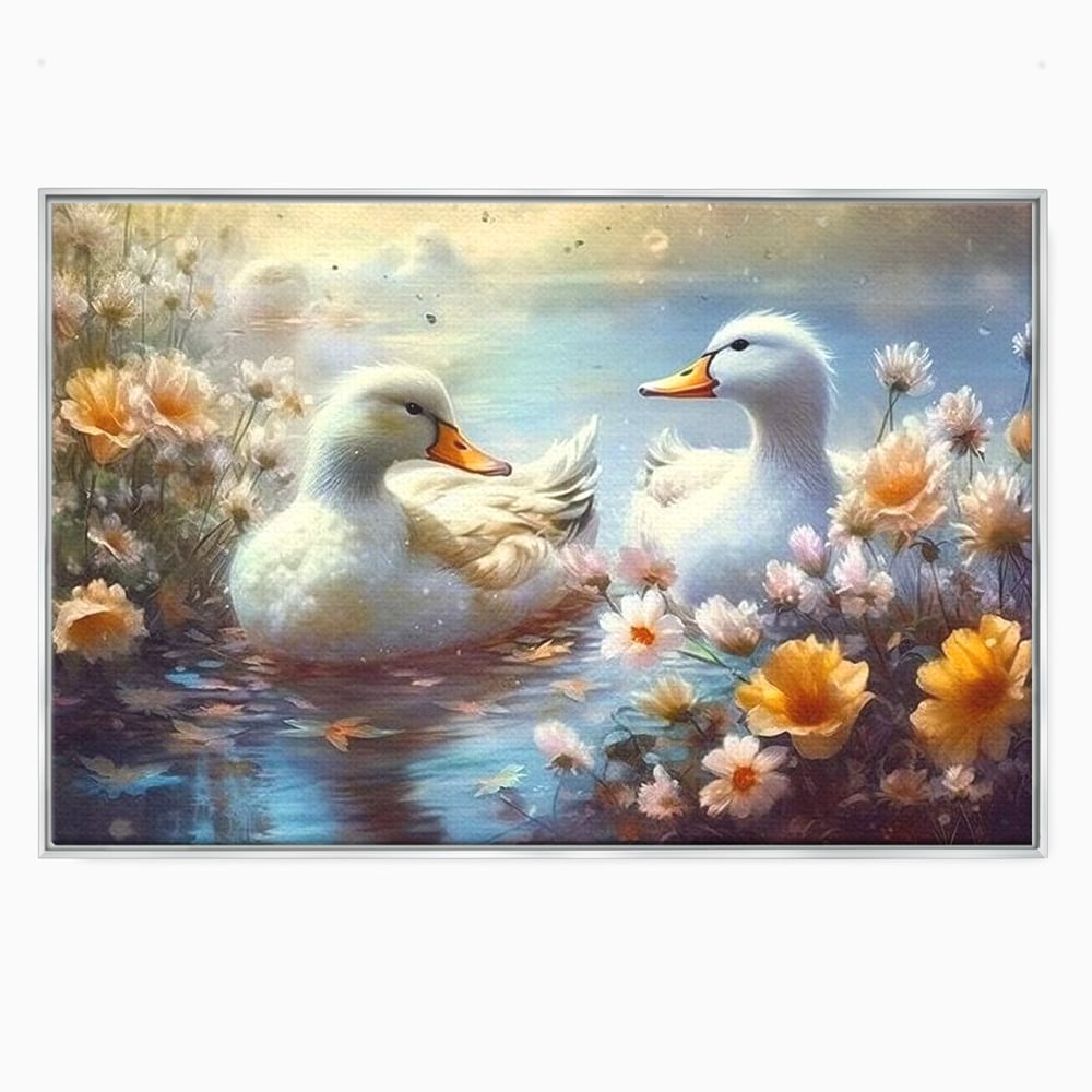 Tablou canvas cu tablou canvas cu rate pe lac, in rama de aluminiu argintiu