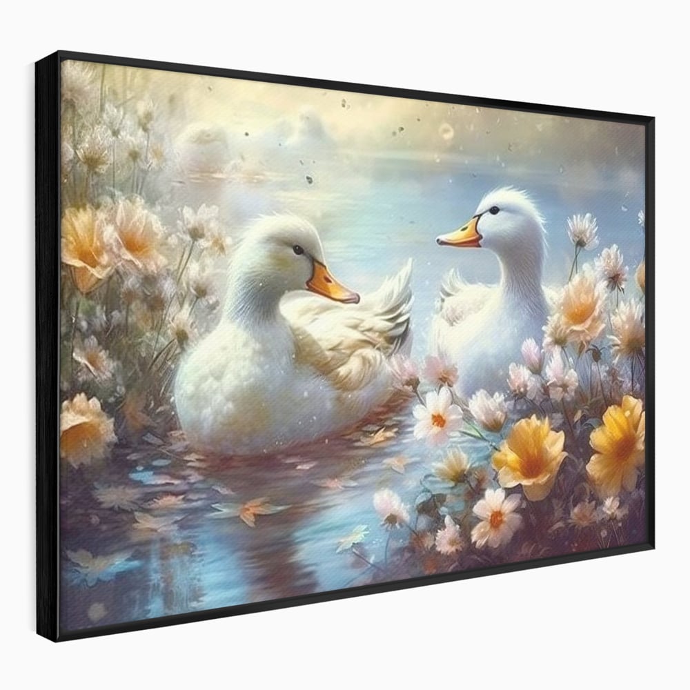 Tablou canvas cu tablou canvas cu rate pe lac, in rama de aluminiu negru