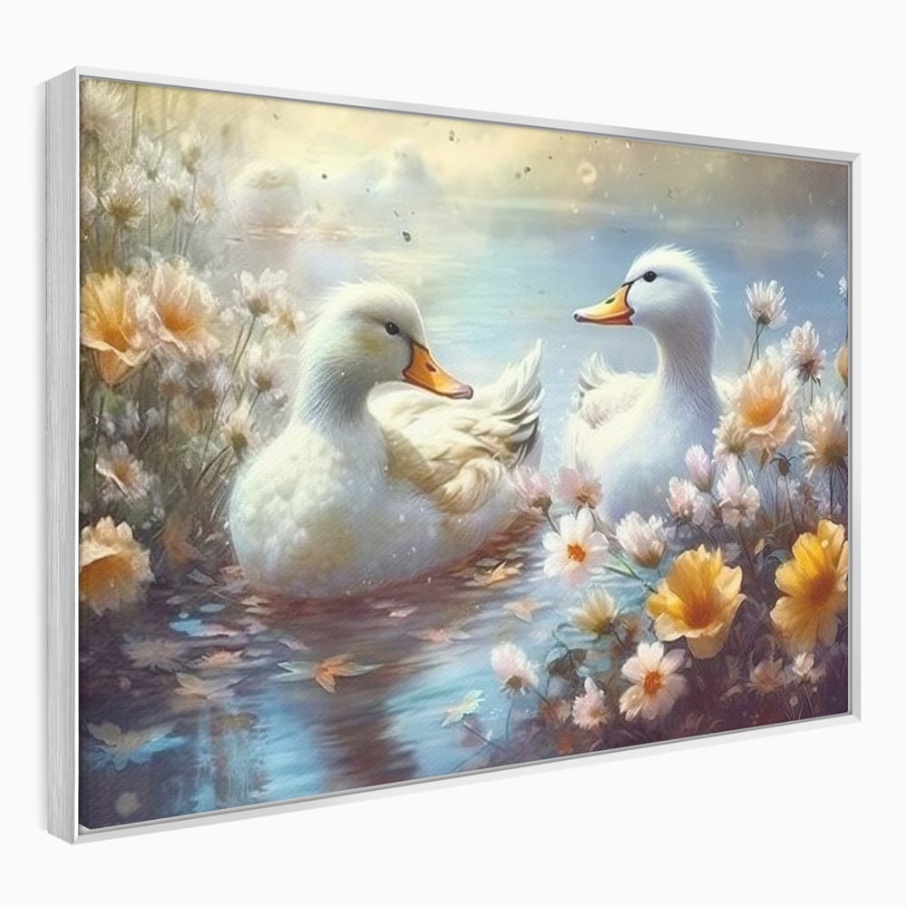 Tablou canvas cu tablou canvas cu rate pe lac, in rama de aluminiu argintiu