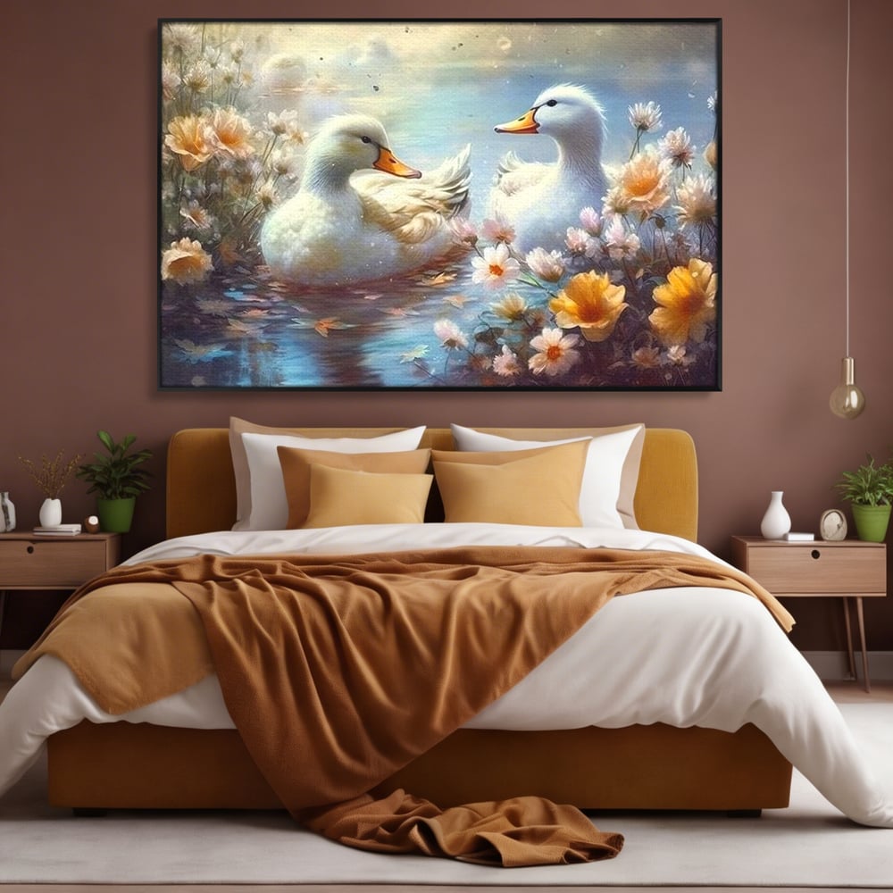 Tablou canvas cu tablou canvas cu rate pe lac, in rama de aluminiu negru, pe perete intr-un dormitor
