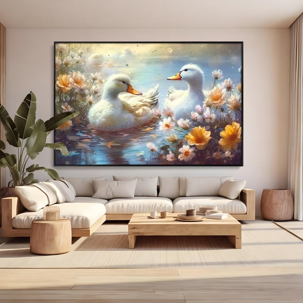 Tablou canvas cu tablou canvas cu rate pe lac, in rama de aluminiu negru, pe perete intr-un living