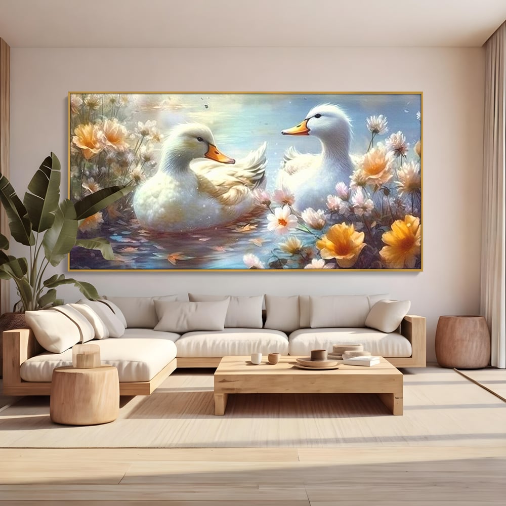 Tablou canvas cu tablou canvas cu rate pe lac, in rama de aluminiu auriu, pe perete intr-un living