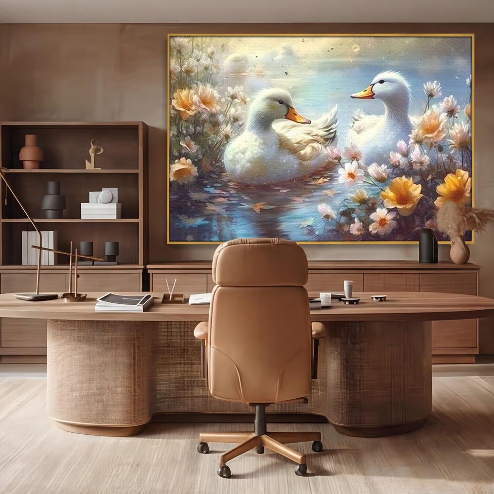 Tablou canvas cu tablou canvas cu rate pe lac, in rama de aluminiu auriu, pe perete intr-un birou