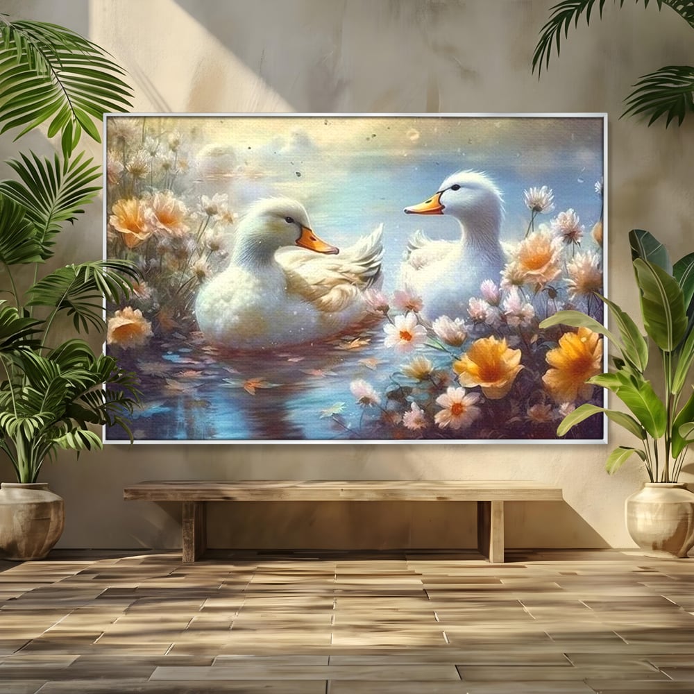 Tablou canvas cu tablou canvas cu rate pe lac, in rama de aluminiu argintiu