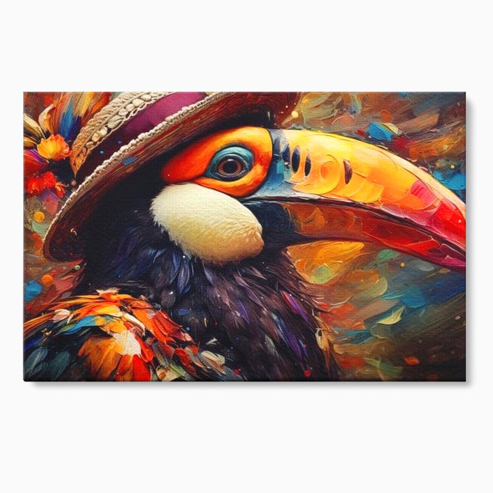 Tablou canvas cu tablou cu portret de tucan cu palarie, fara rama, pe sasiu de lemn