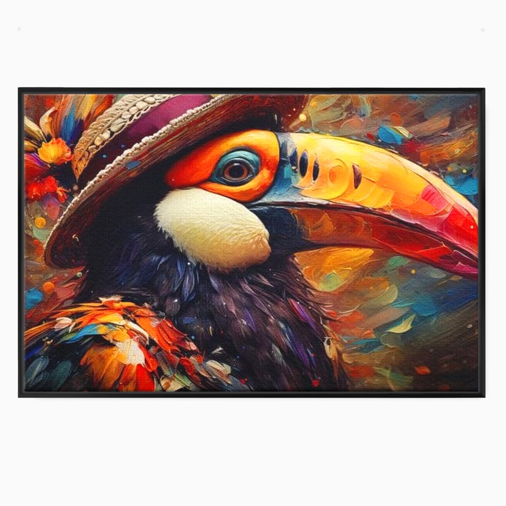 Tablou canvas cu tablou cu portret de tucan cu palarie, in rama de aluminiu negru