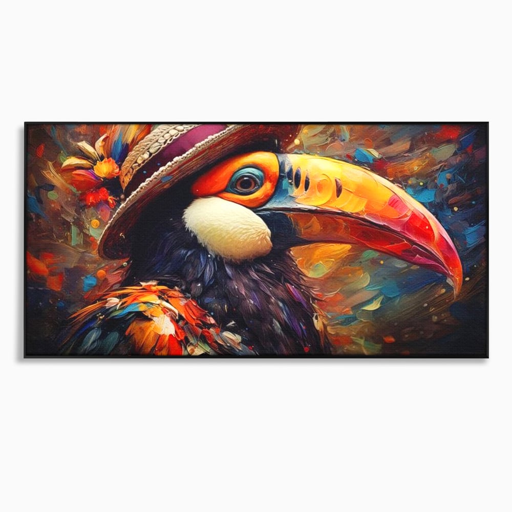 Tablou canvas cu tablou cu portret de tucan cu palarie, in rama de aluminiu negru