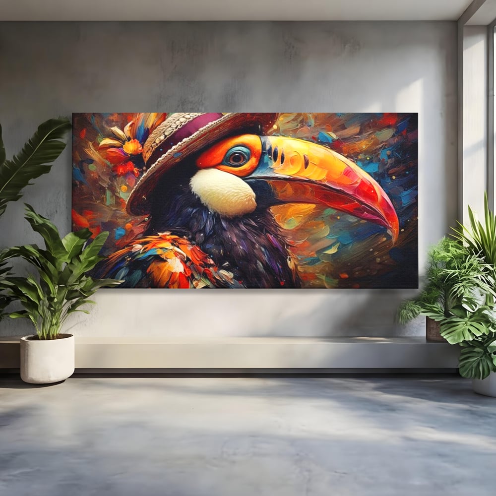 Tablou canvas cu tablou cu portret de tucan cu palarie, fara rama, pe sasiu de lemn