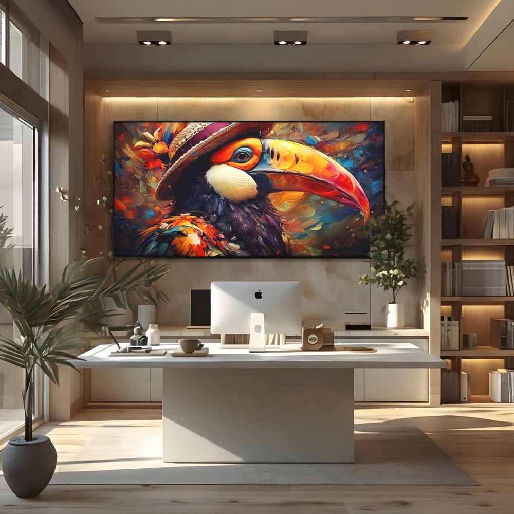 Tablou canvas cu tablou cu portret de tucan cu palarie, in rama de aluminiu negru, pe perete intr-un birou