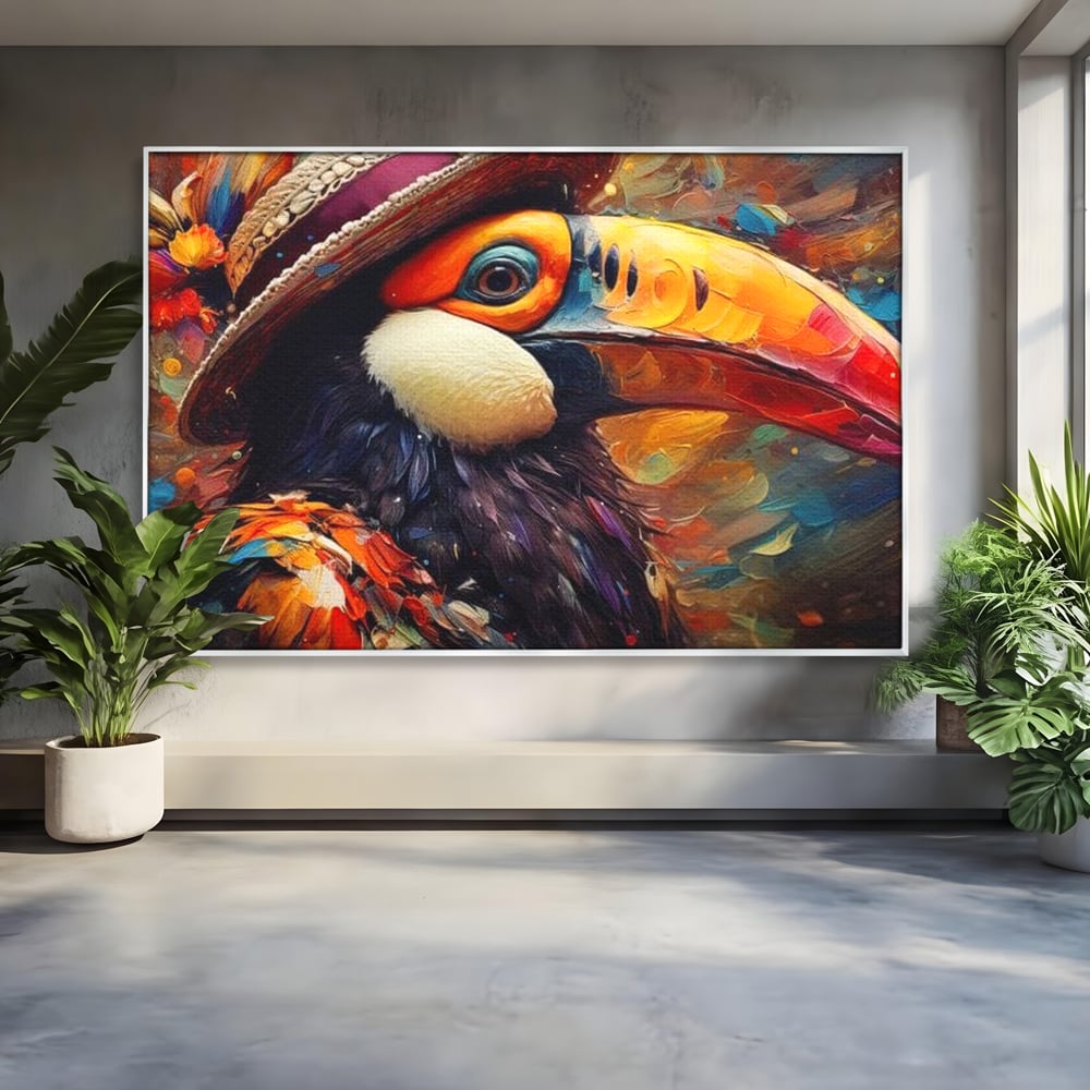 Tablou canvas cu tablou cu portret de tucan cu palarie, in rama de aluminiu argintiu