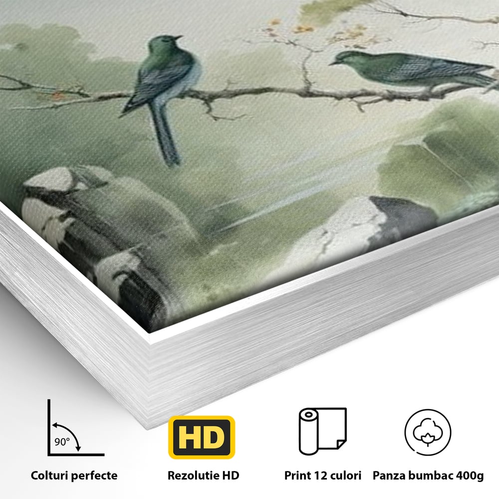 Detaliu al suprafetei: tablou canvas cu pasari pe creanga si peisaj zen, in rama de aluminiu argintiu