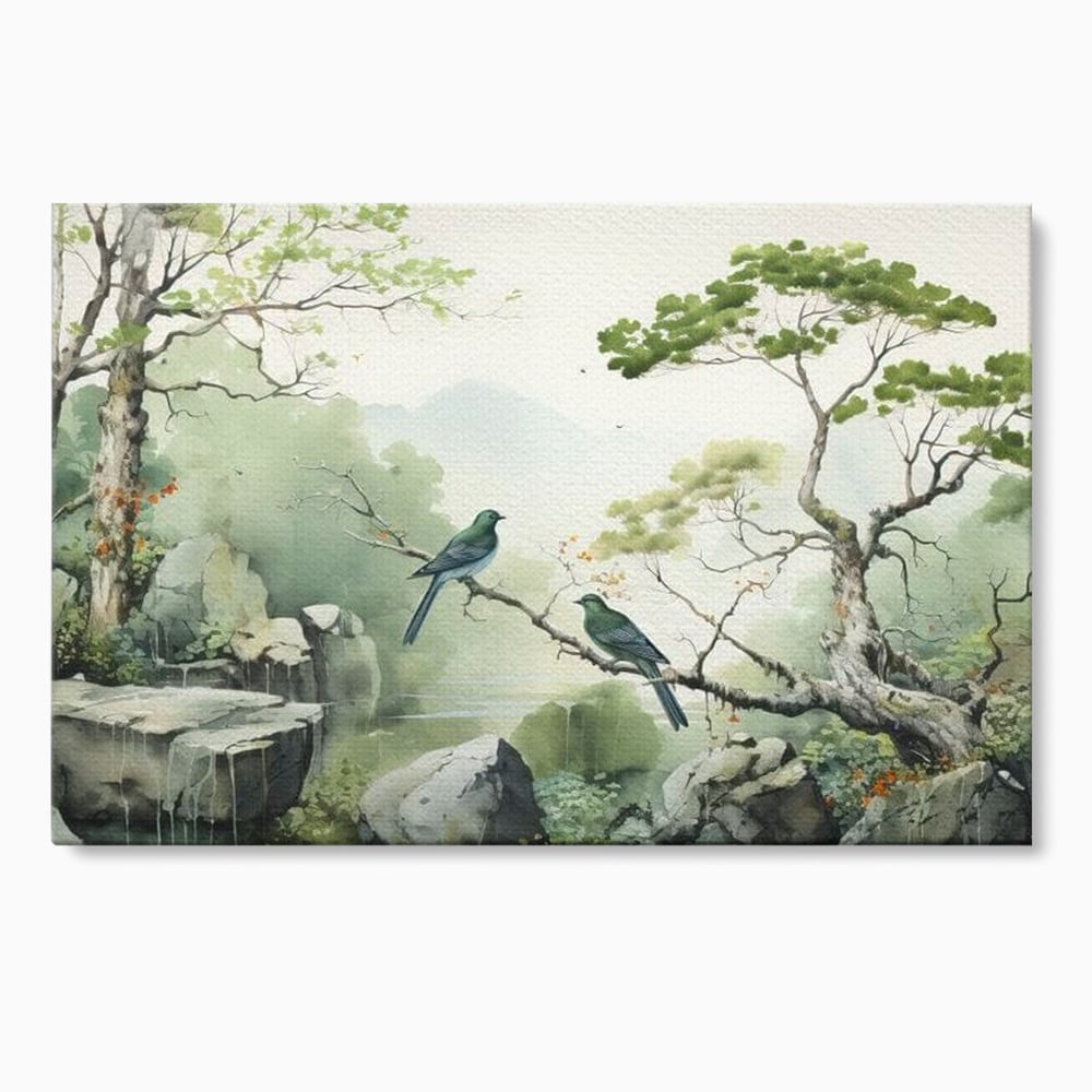 Tablou canvas cu tablou canvas cu pasari pe creanga si peisaj zen, fara rama, pe sasiu de lemn