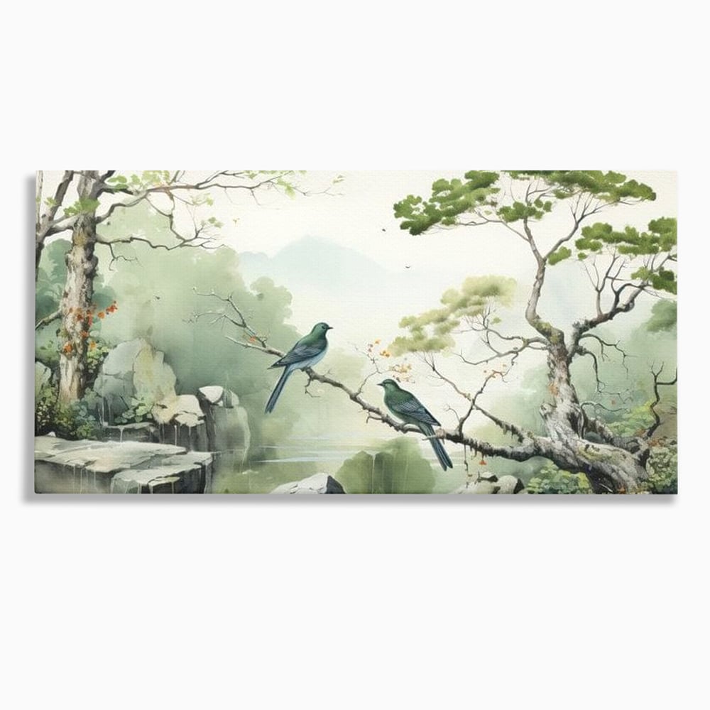Tablou canvas cu tablou canvas cu pasari pe creanga si peisaj zen, fara rama, pe sasiu de lemn