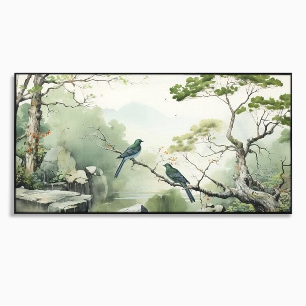 Tablou canvas cu tablou canvas cu pasari pe creanga si peisaj zen, in rama de aluminiu negru