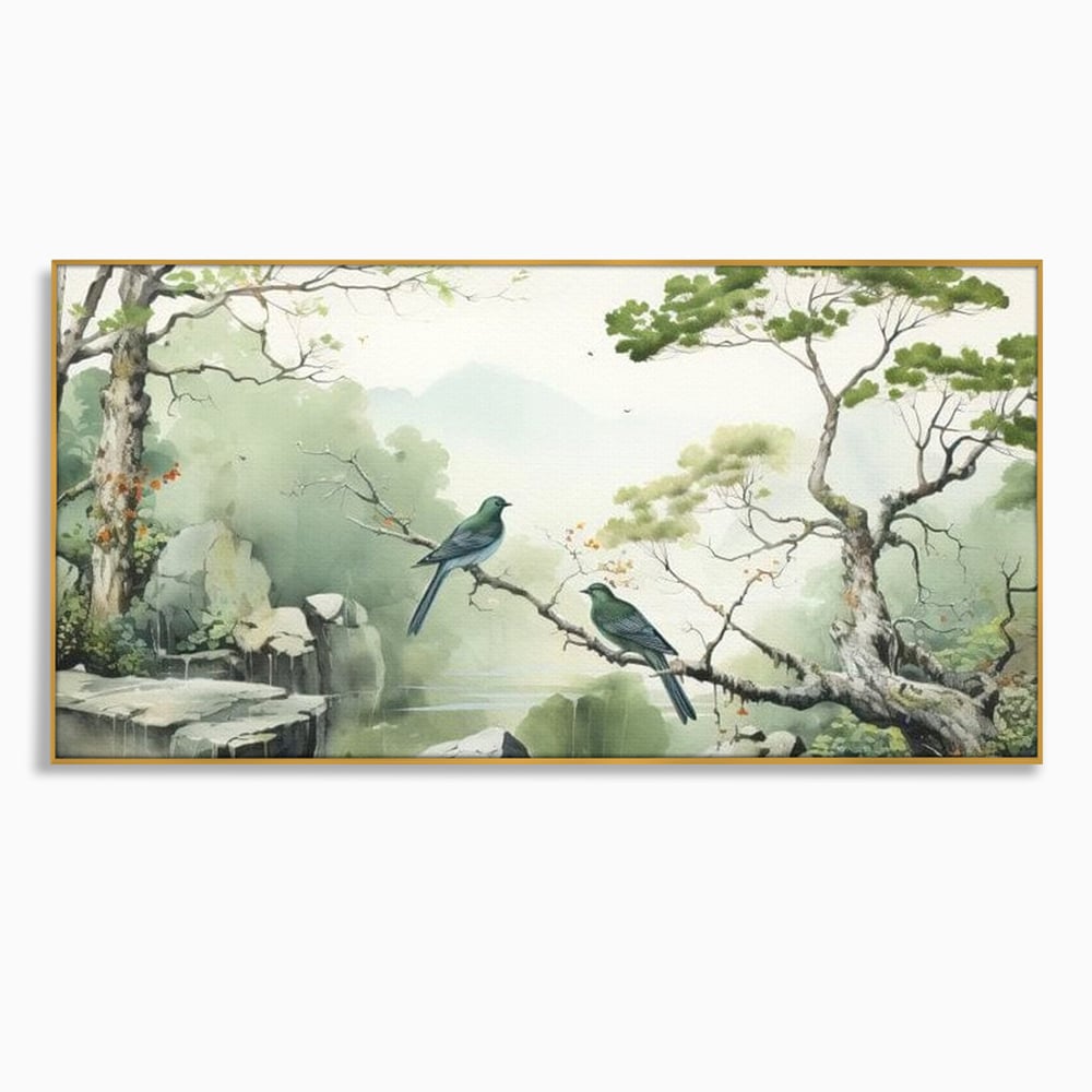 Tablou canvas cu tablou canvas cu pasari pe creanga si peisaj zen, in rama de aluminiu auriu