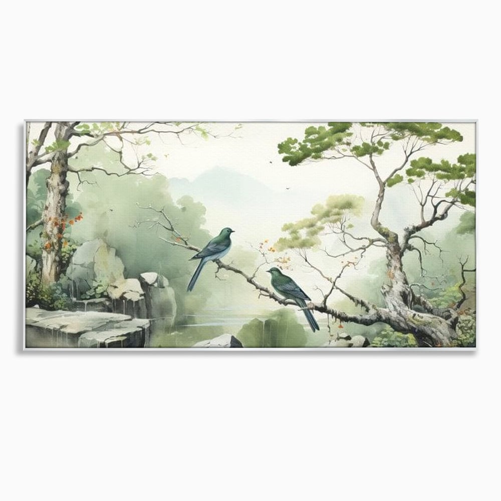 Tablou canvas cu tablou canvas cu pasari pe creanga si peisaj zen, in rama de aluminiu argintiu