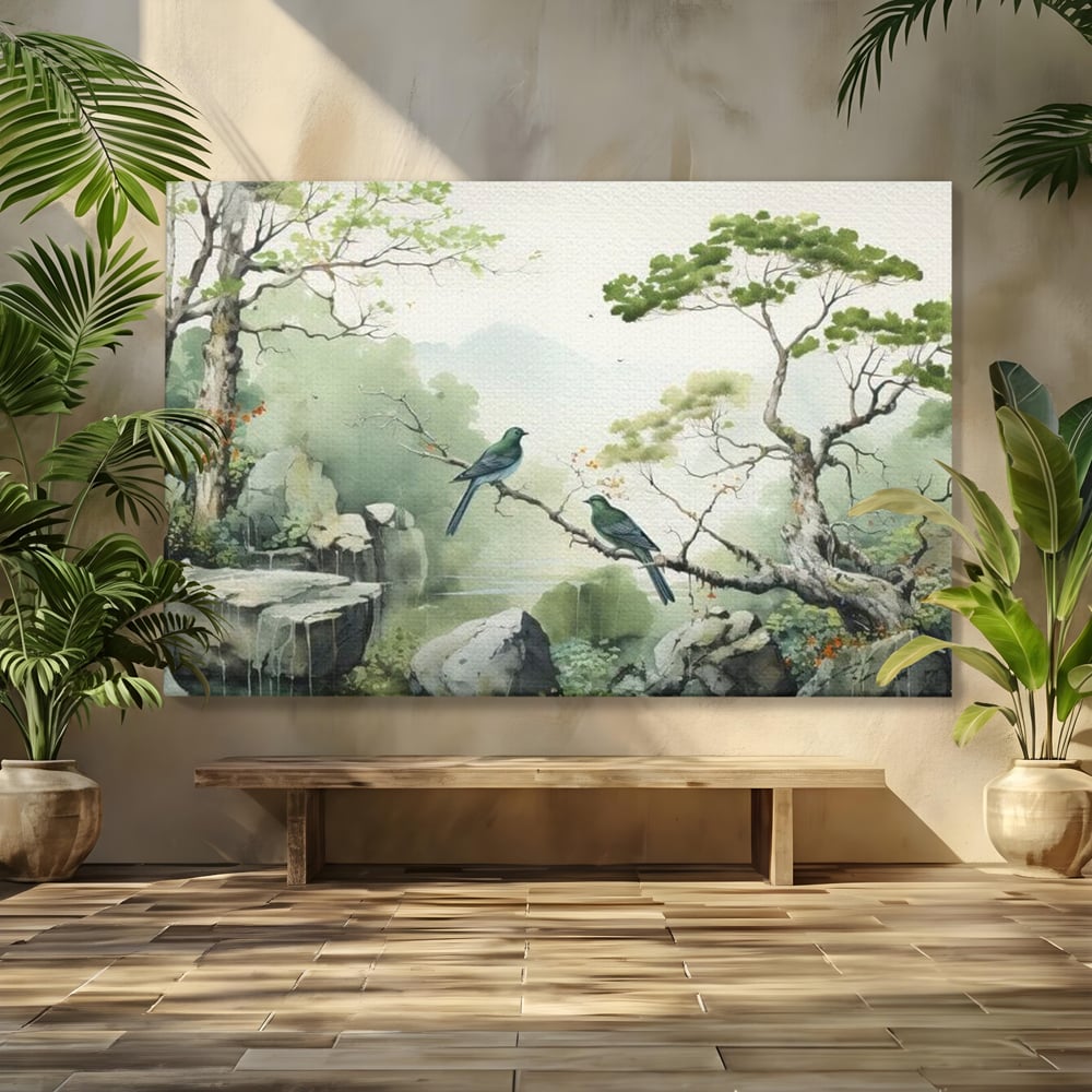 Tablou canvas cu tablou canvas cu pasari pe creanga si peisaj zen, fara rama, pe sasiu de lemn