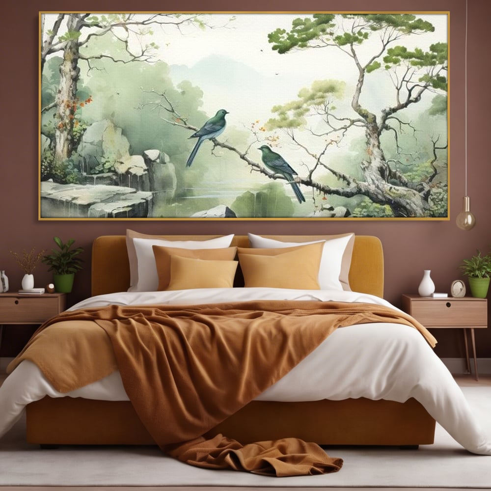 Tablou canvas cu tablou canvas cu pasari pe creanga si peisaj zen, in rama de aluminiu auriu, pe perete intr-un dormitor