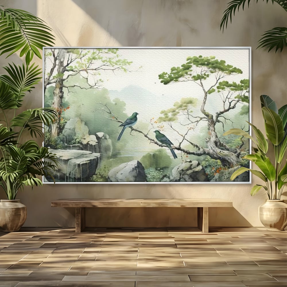 Tablou canvas cu tablou canvas cu pasari pe creanga si peisaj zen, in rama de aluminiu argintiu