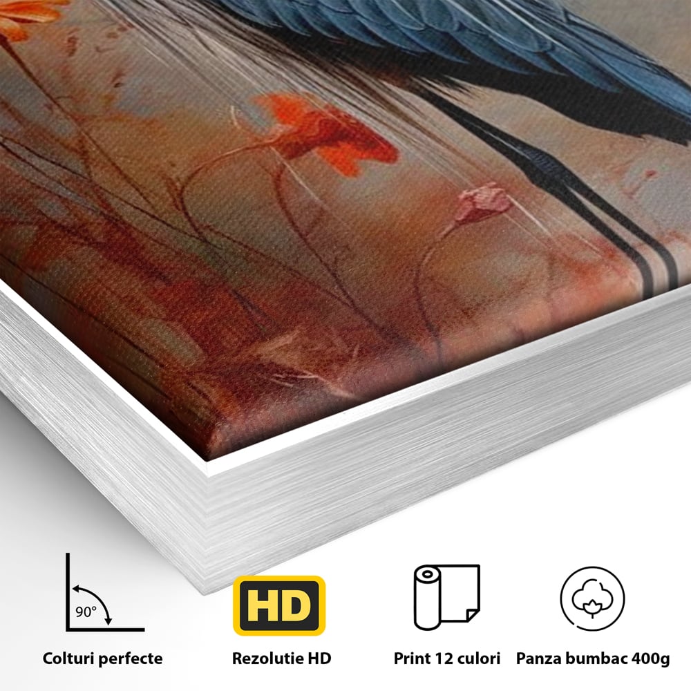 Detaliu al suprafetei: tablou canvas cu pasare starc si flori, in rama de aluminiu argintiu