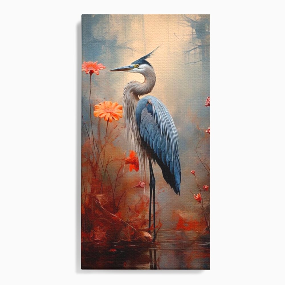 Tablou canvas cu tablou canvas cu pasare starc si flori, fara rama, pe sasiu de lemn