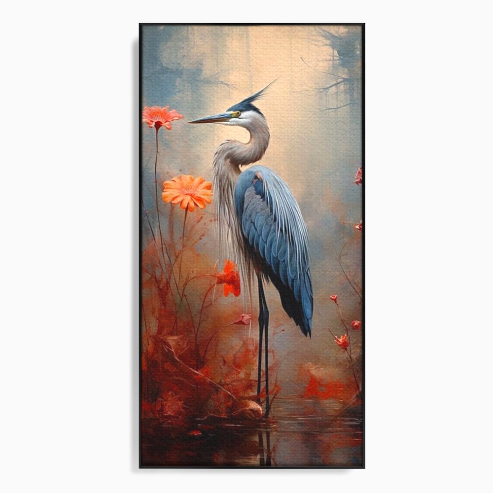 Tablou canvas cu tablou canvas cu pasare starc si flori, in rama de aluminiu negru