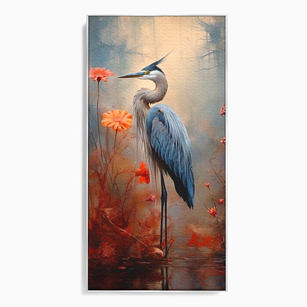 Tablou canvas cu tablou canvas cu pasare starc si flori, in rama de aluminiu argintiu