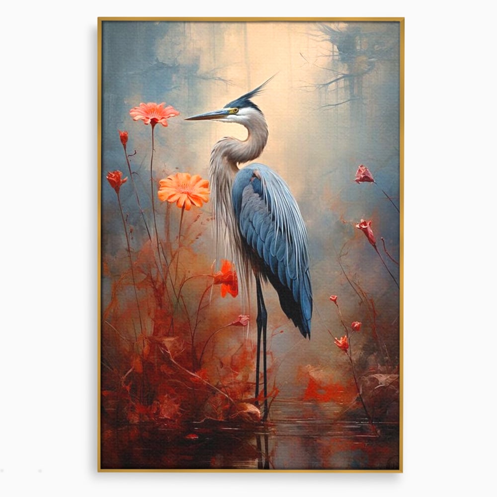 Tablou canvas cu tablou canvas cu pasare starc si flori, in rama de aluminiu auriu