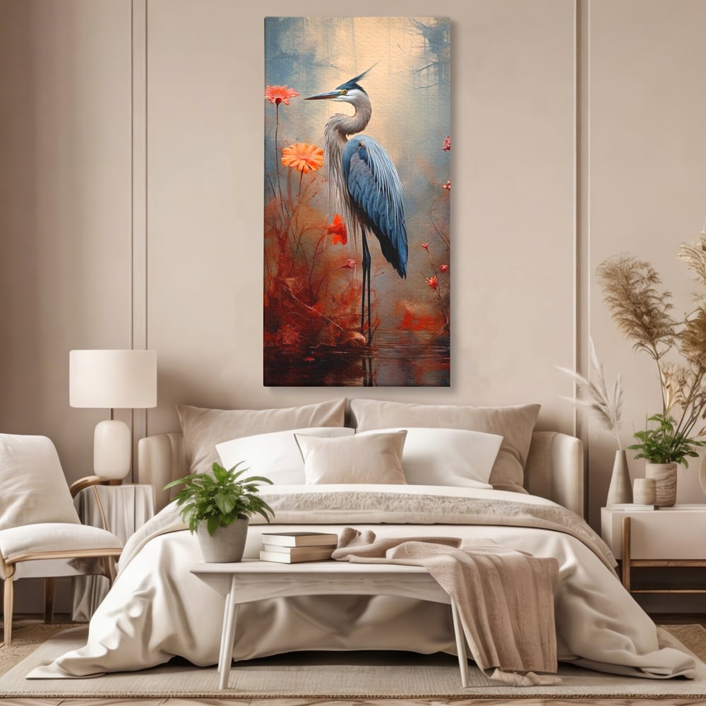 Tablou canvas cu tablou canvas cu pasare starc si flori, fara rama, pe sasiu de lemn, pe perete intr-un dormitor