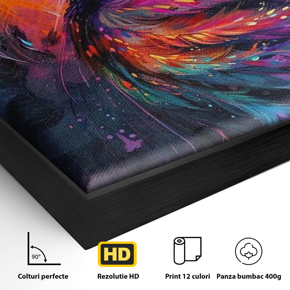 Detaliu al suprafetei: tablou canvas cu pasare fantastica, in rama de aluminiu negru