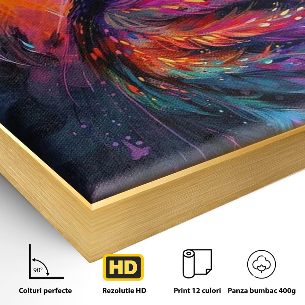 Detaliu al suprafetei: tablou canvas cu pasare fantastica, in rama de aluminiu auriu