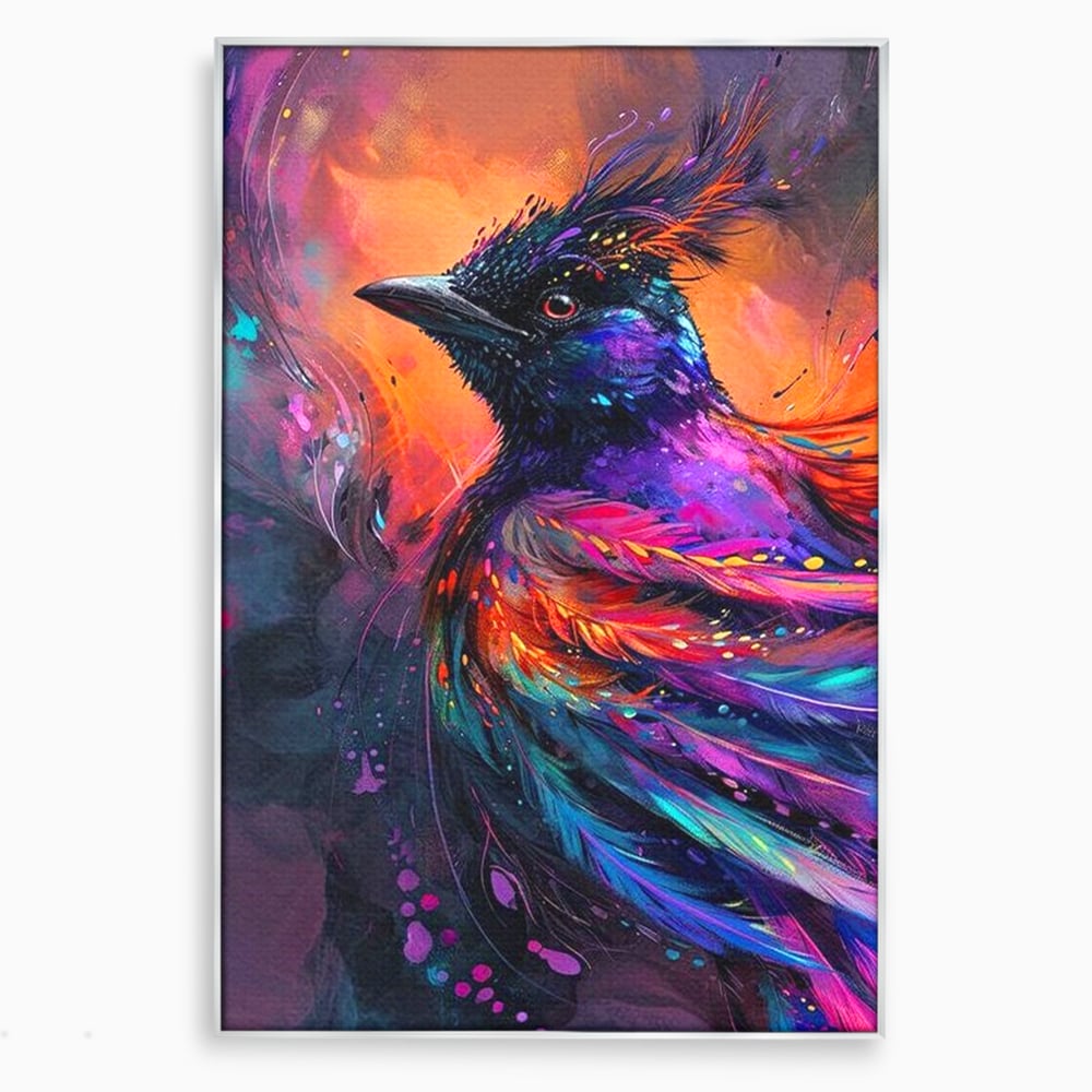 Tablou canvas cu tablou canvas cu pasare fantastica, in rama de aluminiu argintiu