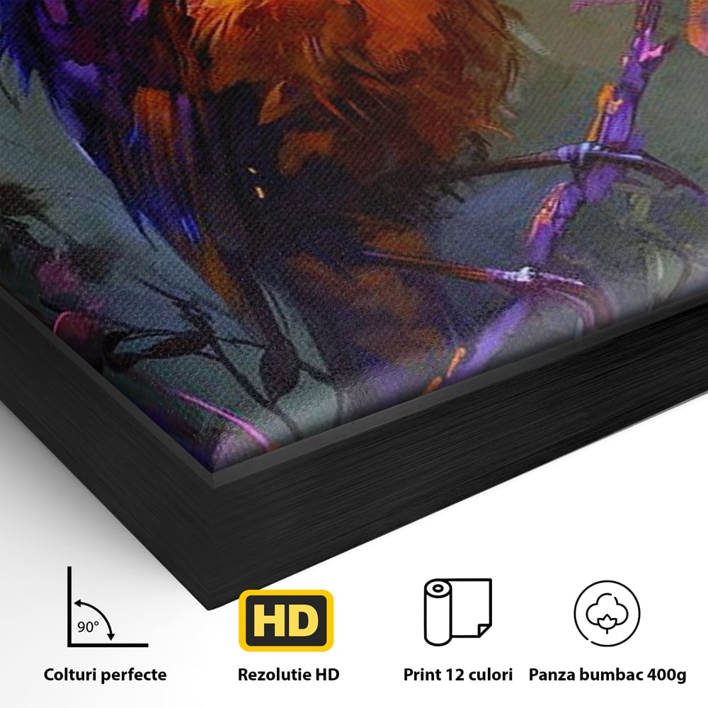 Detaliu al suprafetei: tablou canvas cu pasare colorata pe ramura, in rama de aluminiu negru