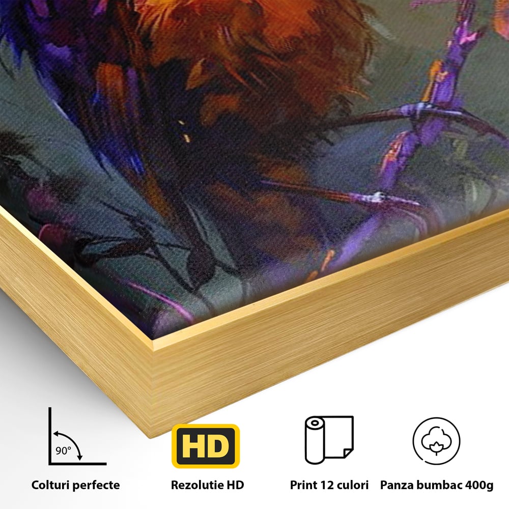 Detaliu al suprafetei: tablou canvas cu pasare colorata pe ramura, in rama de aluminiu auriu