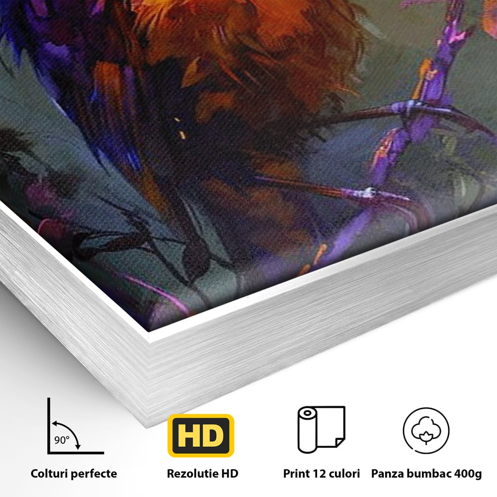 Detaliu al suprafetei: tablou canvas cu pasare colorata pe ramura, in rama de aluminiu argintiu